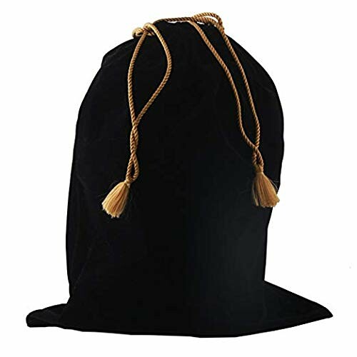 Black velvet drawstring bag with gold cord.