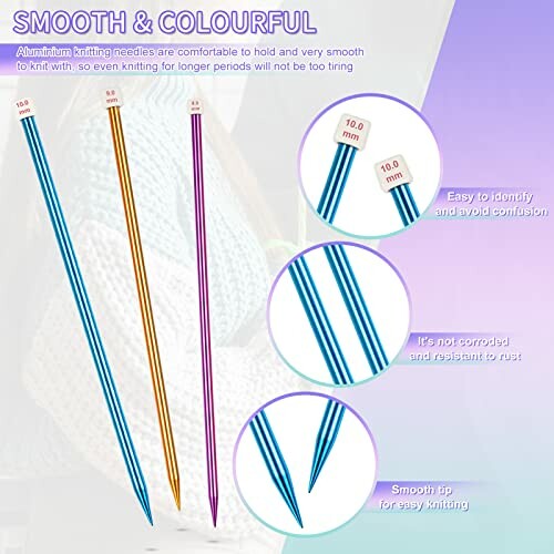 Colorful aluminum knitting needles with size markers and features.