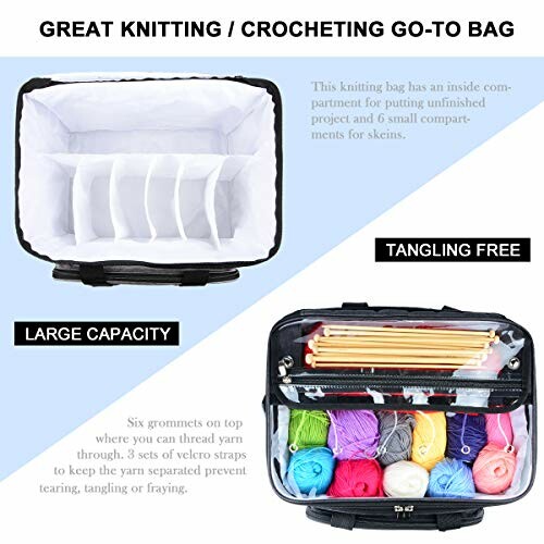 Knitting and crocheting storage bag with compartments and yarn.