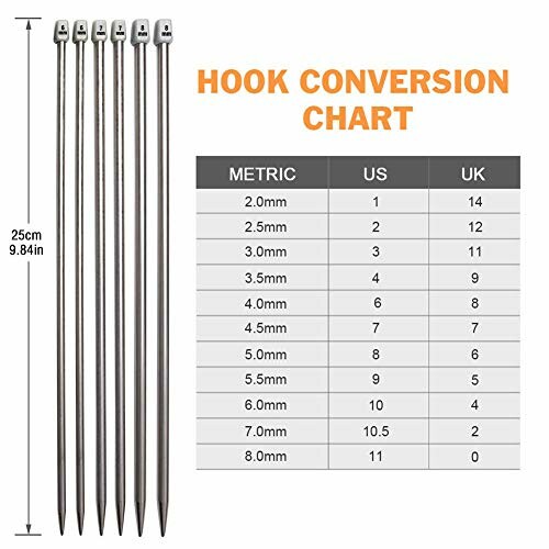 Knitting hook conversion chart with metric, US, and UK sizes.