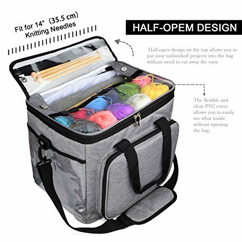 Gray knitting needle storage bag with yarn and accessories, half-open design.