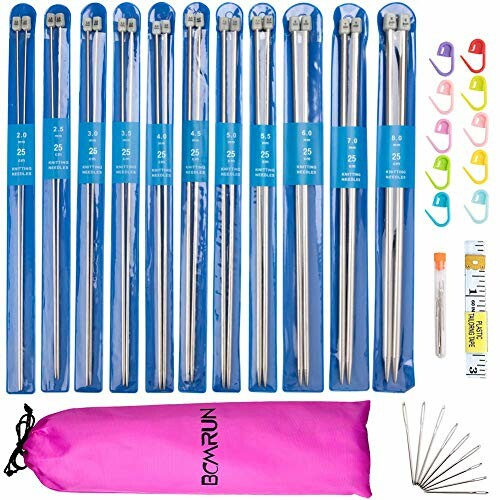 Knitting needles set with accessories including stitch markers, tape measure, and storage bag.