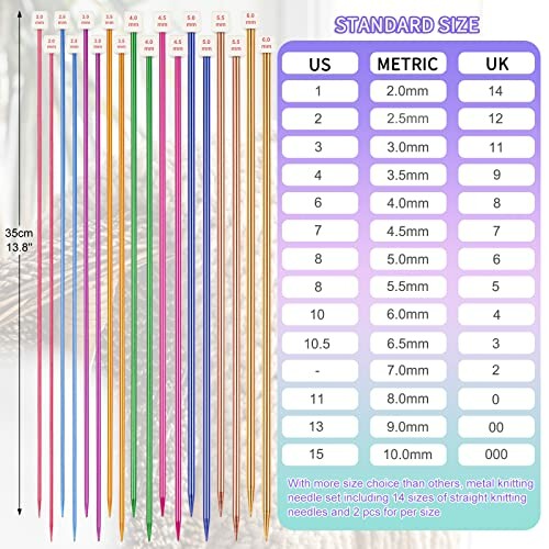 Colorful knitting needles with size chart for US, metric, and UK.