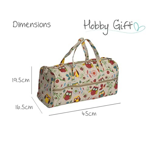 Colorful owl-patterned knitting bag with dimensions.