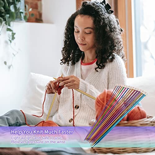 Woman knitting with colorful needles and yarn.