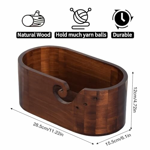 Natural wood yarn bowl with dimensions and features.