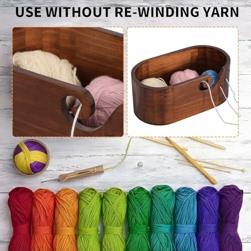 Wooden yarn bowl with colorful yarn skeins and crochet hooks.