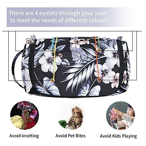 Floral yarn organizer with labeled eyelets to prevent tangling, pet bites, and kids playing.