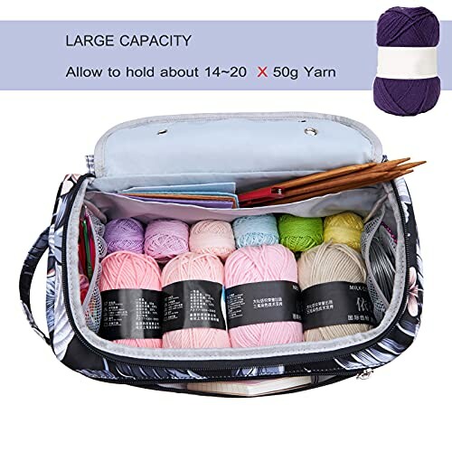 Open yarn storage bag with colorful yarns and knitting needles.